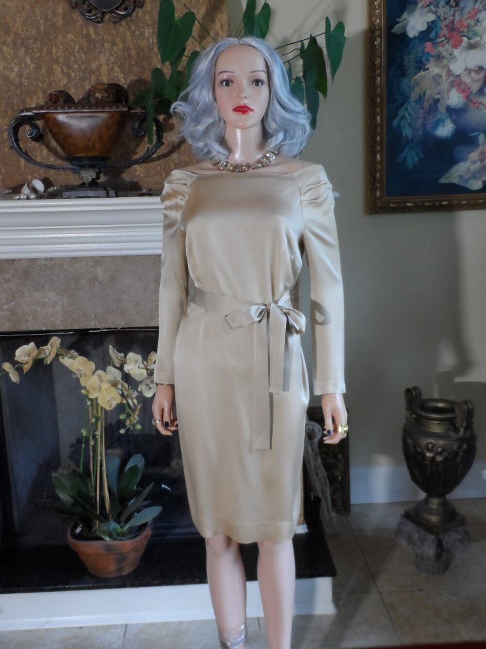 Alberta Ferretti Champagne Satin Belted Midi Dress Size US 8